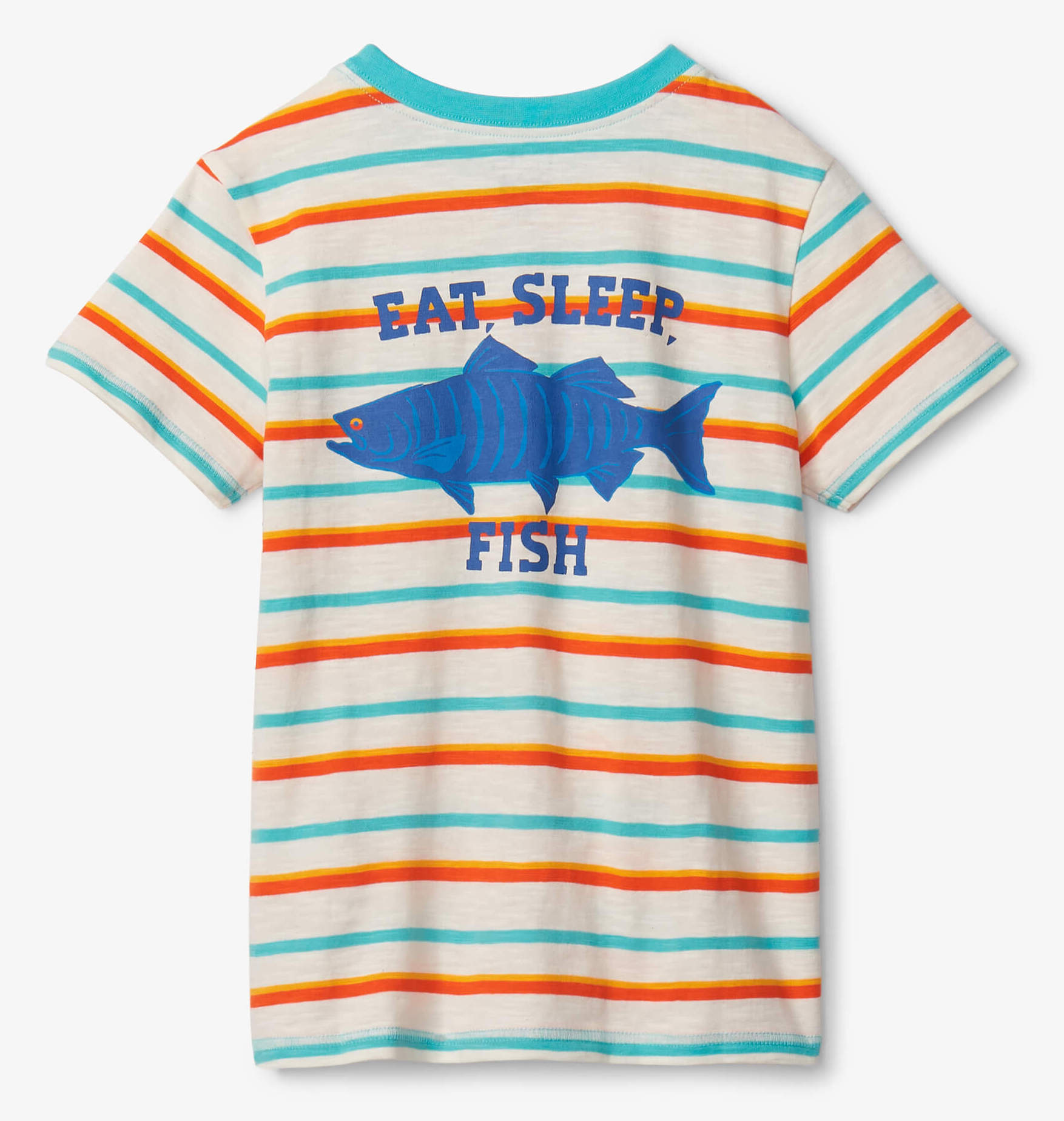 Hatley Kurzarm Pocket T-Shirt Türkis & Orange Gestreift - Eat, Sleep, Fish - SALE
