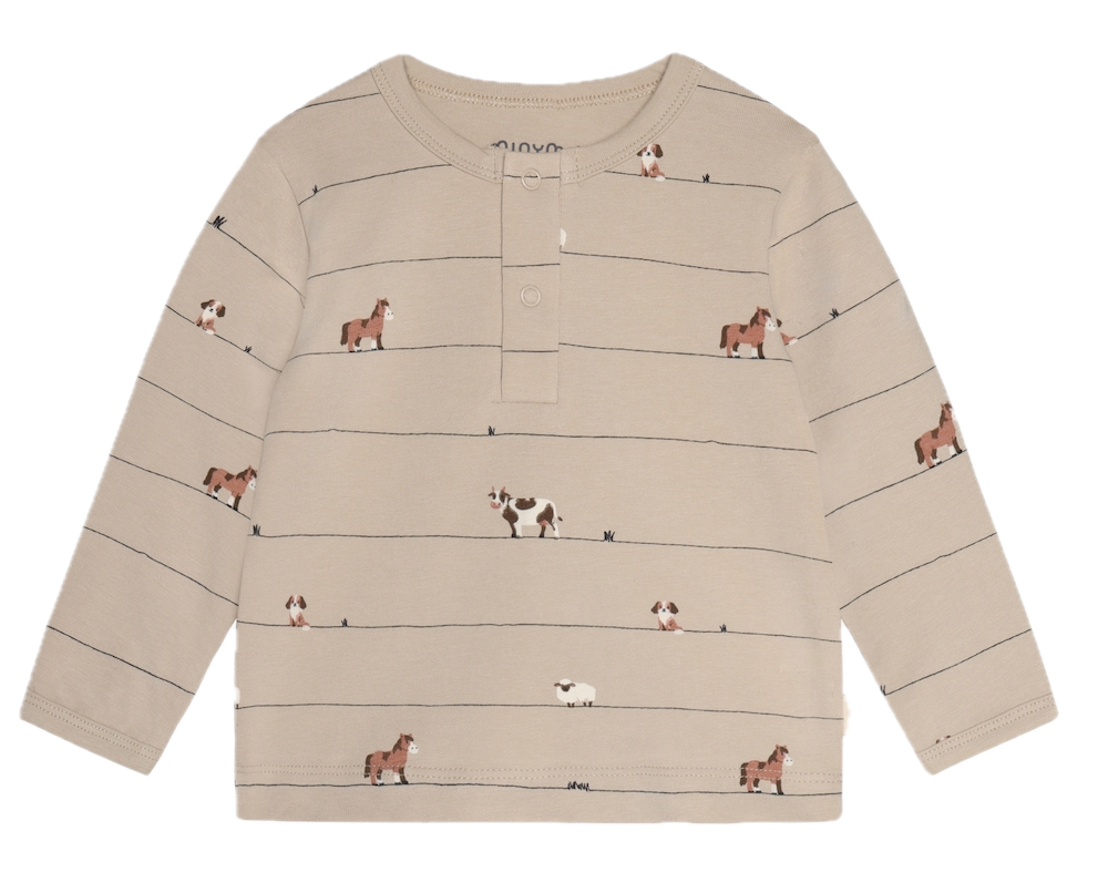 Minymo Langarm Henley Shirt in Beige - Bauernhof Tiere Minymo Langarm Henley Shirt in Beige - Bauernhof Tiere