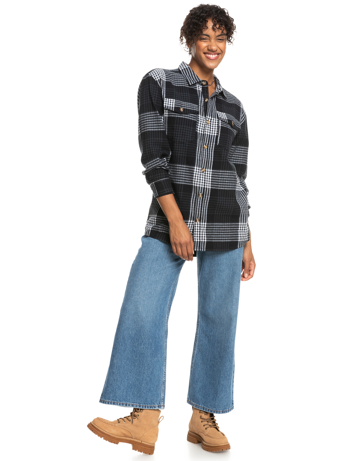 erjwt03592_roxy-w_kvj4_frt9 Roxy Let It Go Flannel - Langärmliges Karo Hemd für Frauen- Schwarz