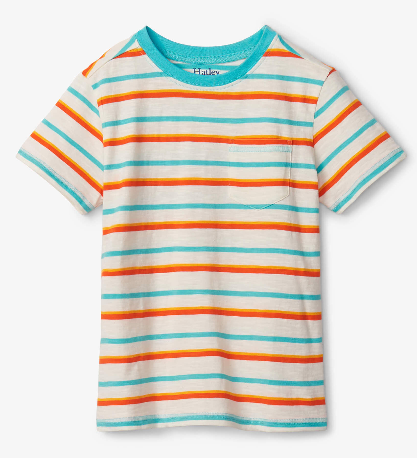 S23FFK1194D Hatley Kurzarm Pocket T-Shirt Türkis & Orange Gestreift - Eat, Sleep, Fish
