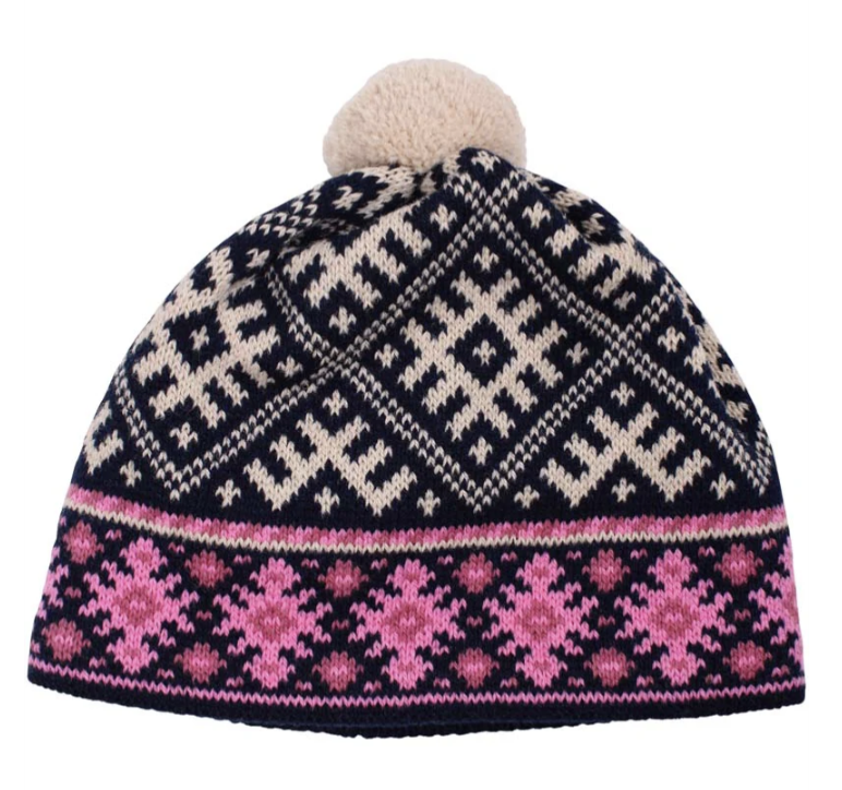 Danefae Wollmütze mit Bommel in Navy/Rosa/Weiß