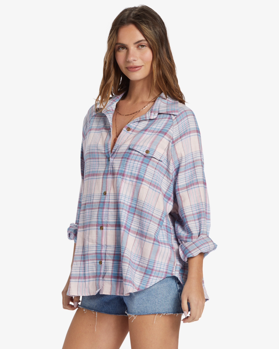 Billabong Best Time Langärmliges Hemd für Frauen - Washed Berry/Rosa-Blau kariert - SALE Billabong Best Time Langärmliges Hemd für Frauen - Washed Berry/Rosa-Blau kariert - SALE