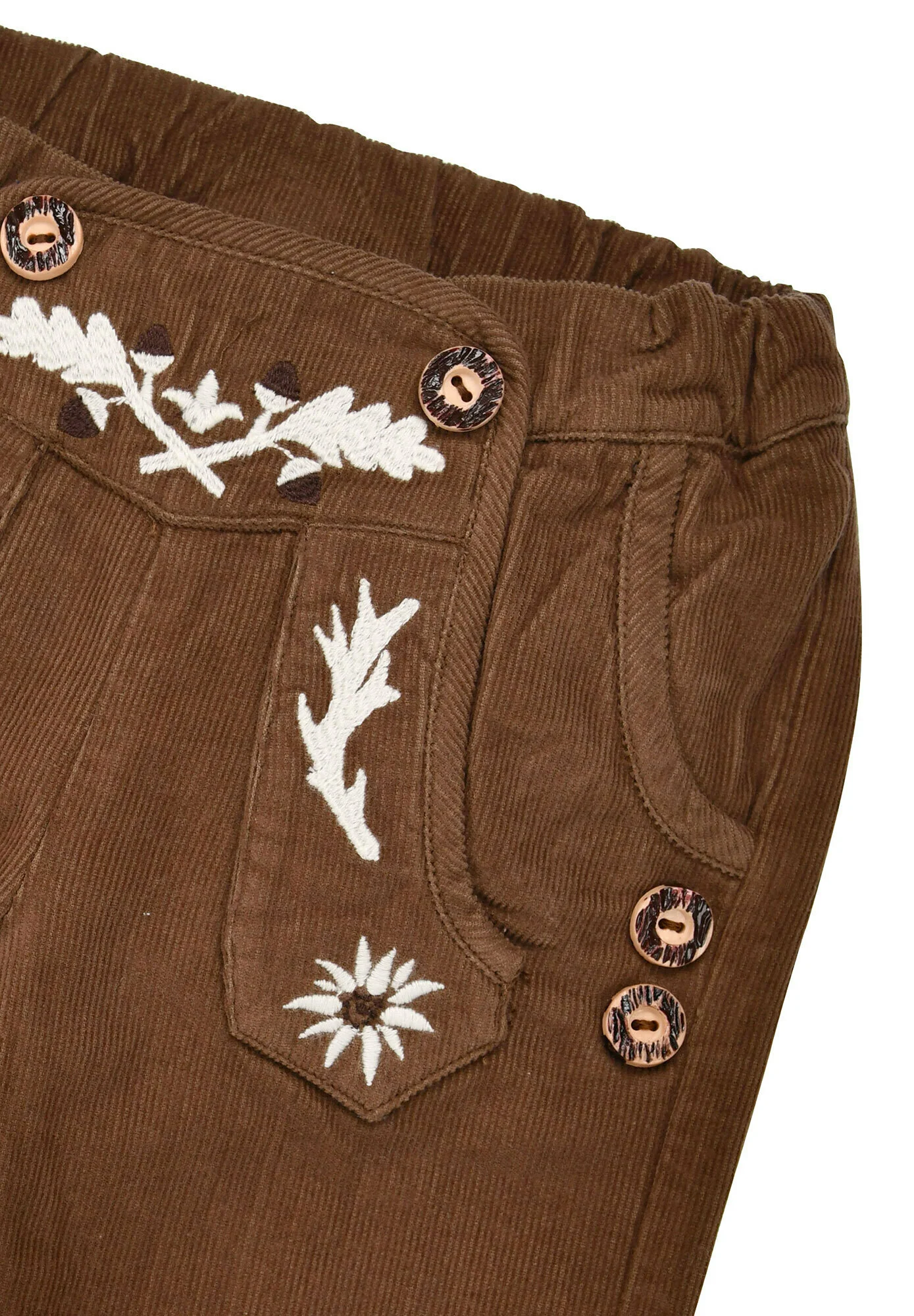 Bondi Cord Trachtenhose Braun in Lederhosen Look mit Stickerei 