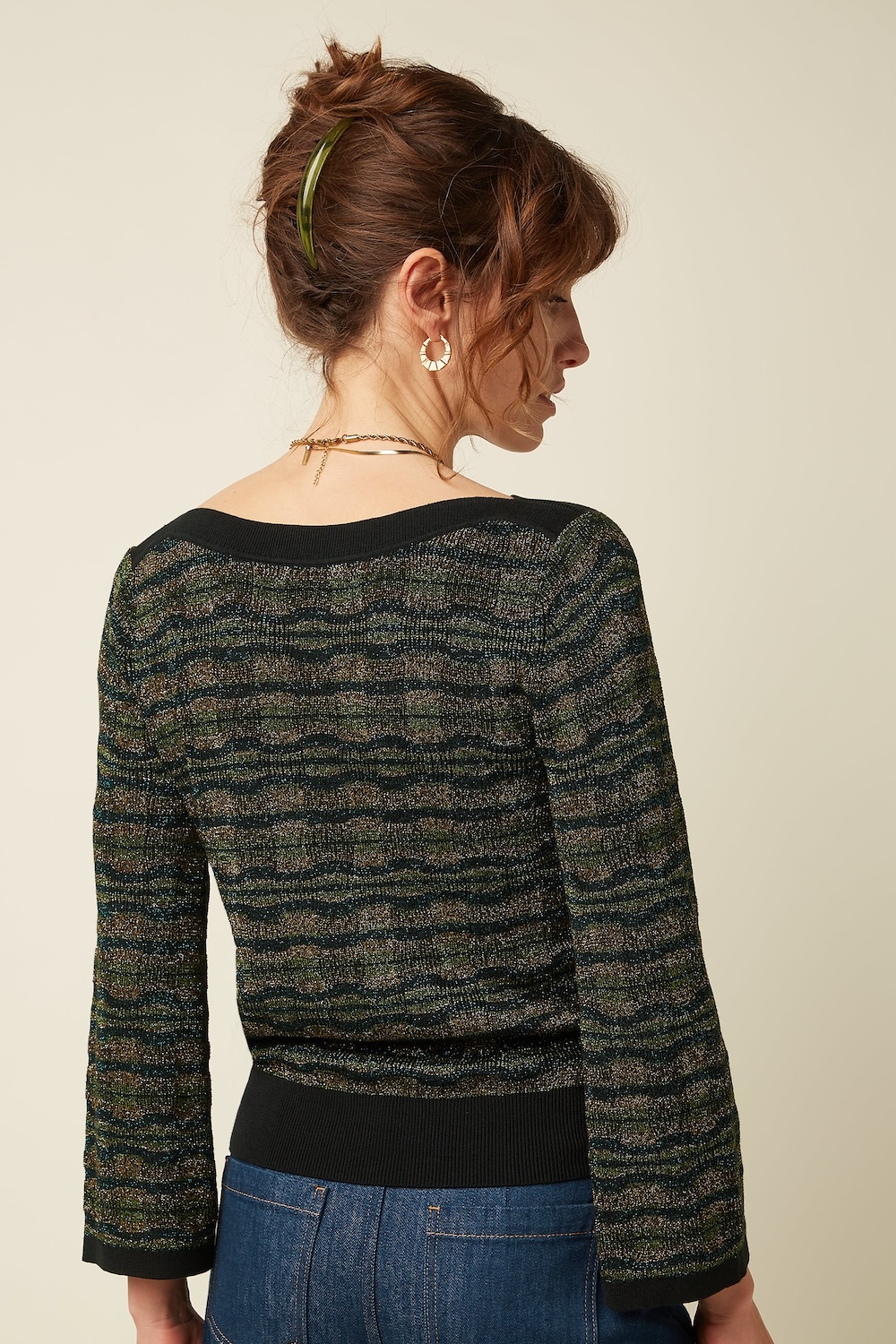 King Louie Audrey Trumpet Sleeve Apollo – Damen Stricktop mit Trompetenärmeln und geometrischem Muster