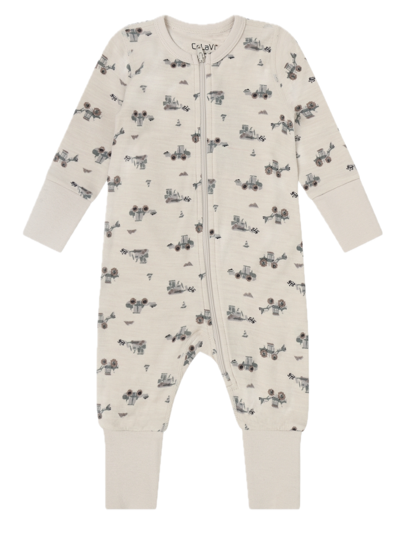 CeLaVi Strampler aus Merinowolle - Wolle Bambus Jumpsuit mit Reißverschluss - Traktoren Allover CeLaVi Strampler aus Merinowolle - Wolle Bambus Jumpsuit mit Reißverschluss - Traktoren Allover