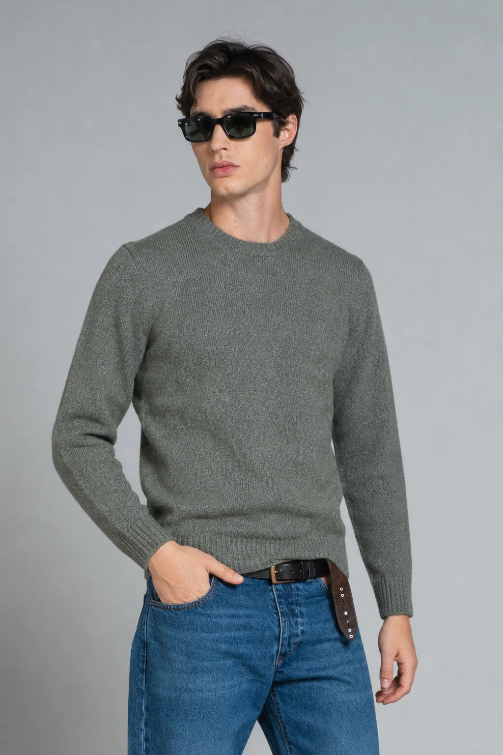 IMPURE Duke Rundhals Strick Pullover Wollmischung mit Zopfmuster Grass Grün Meliert