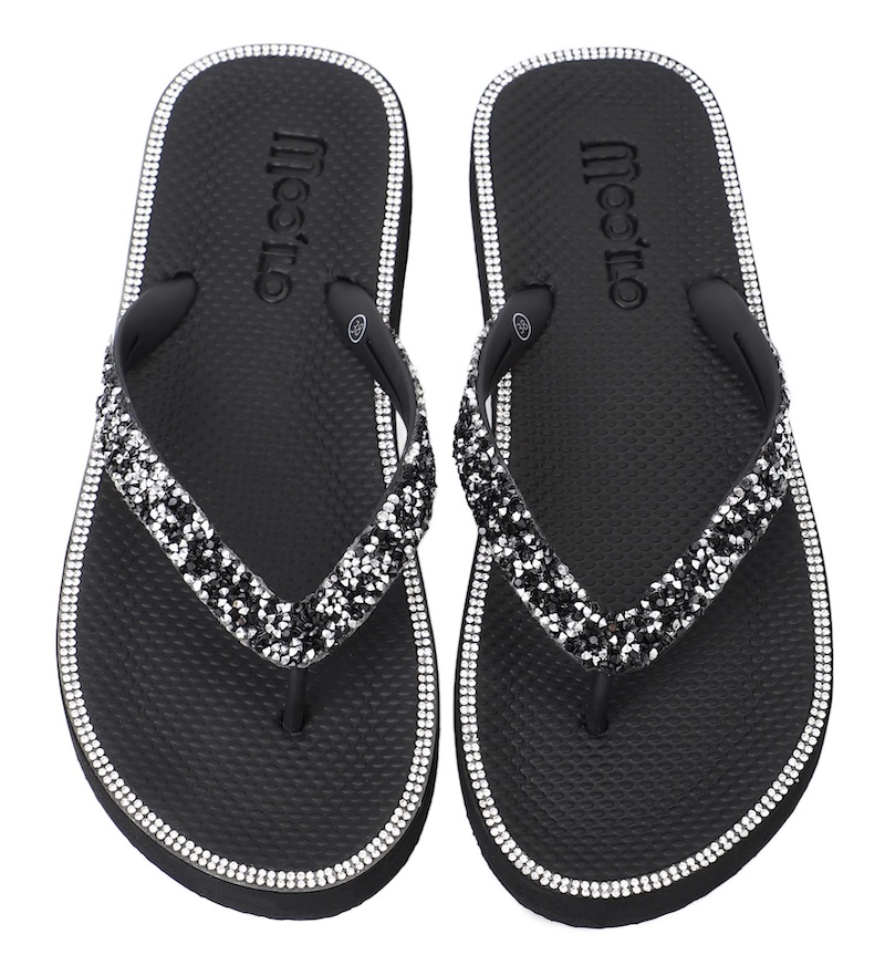 Moo' Ilo Damen Flip Flops Anna Schwarz mit Glitzersteine + Schwarze Jelly Tasche 