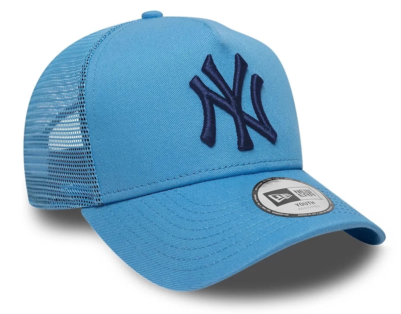 New Era Cap Pastellblaue MLB League Essential New York Yankees 9FORTY A-Frame Trucker Cap - Blau mit Navy Logo New Era Cap Pastellblaue MLB League Essential New York Yankees 9FORTY A-Frame Trucker Cap - Blau mit Navy Logo