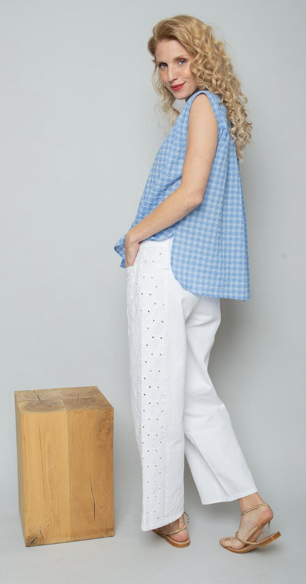 Emily van den Bergh Seersucker Bluse Ärmellos in Blau Vichy Karo