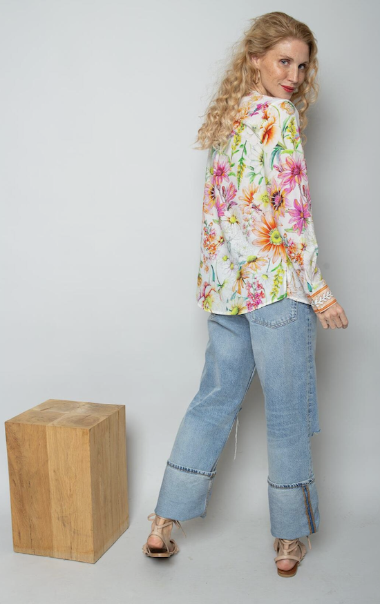 Emily van den Bergh Baumolle Bluse mit V-Ausschnitt & Blumen Allover 
