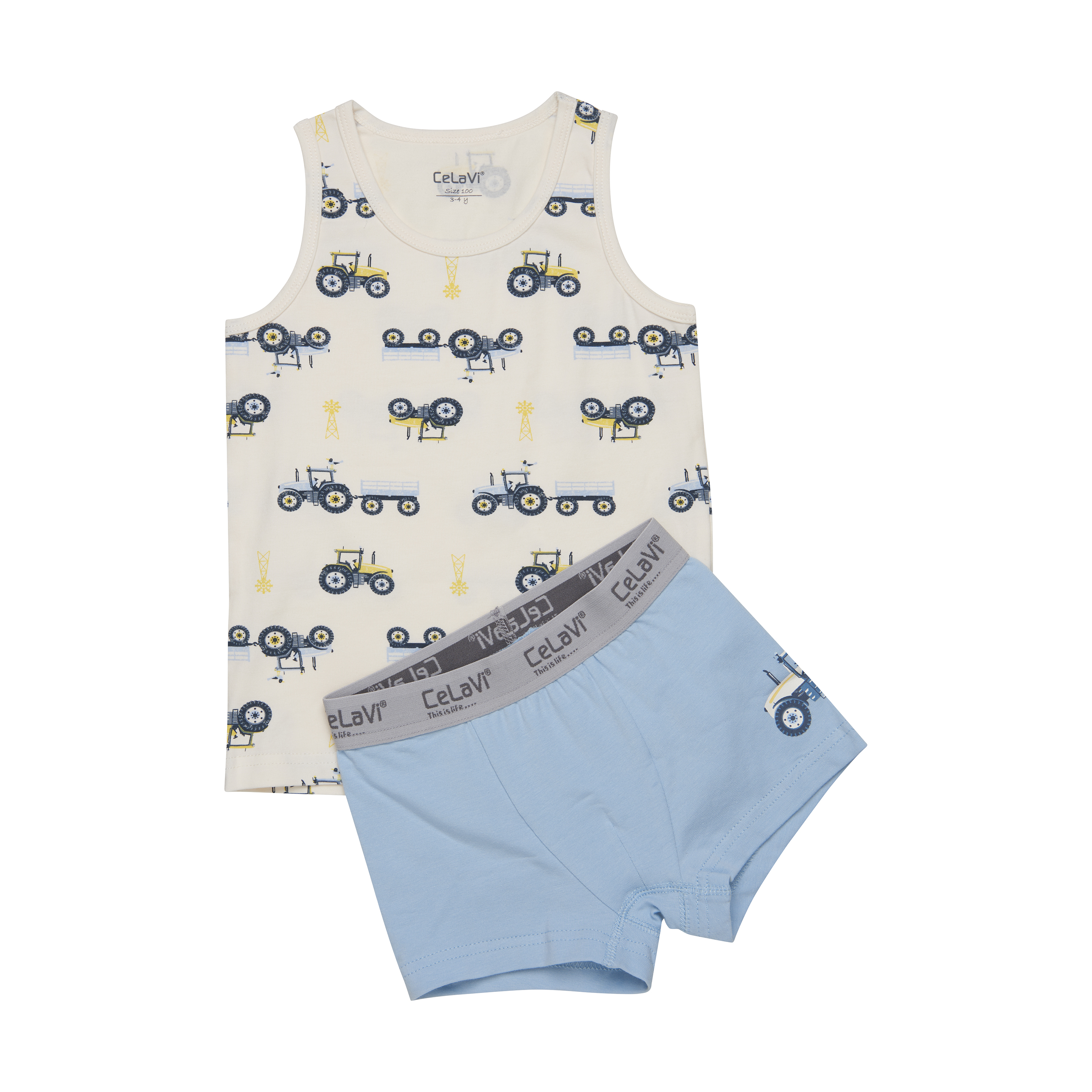 CeLaVi Unterhemd und Shorty Unterhose Set - Traktoren Creme/Blau - SALE
