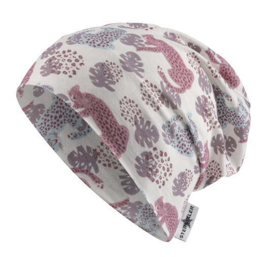 Sterntaler Slouch Beanie in Creme mit Altrosa & Blau Cheetahs