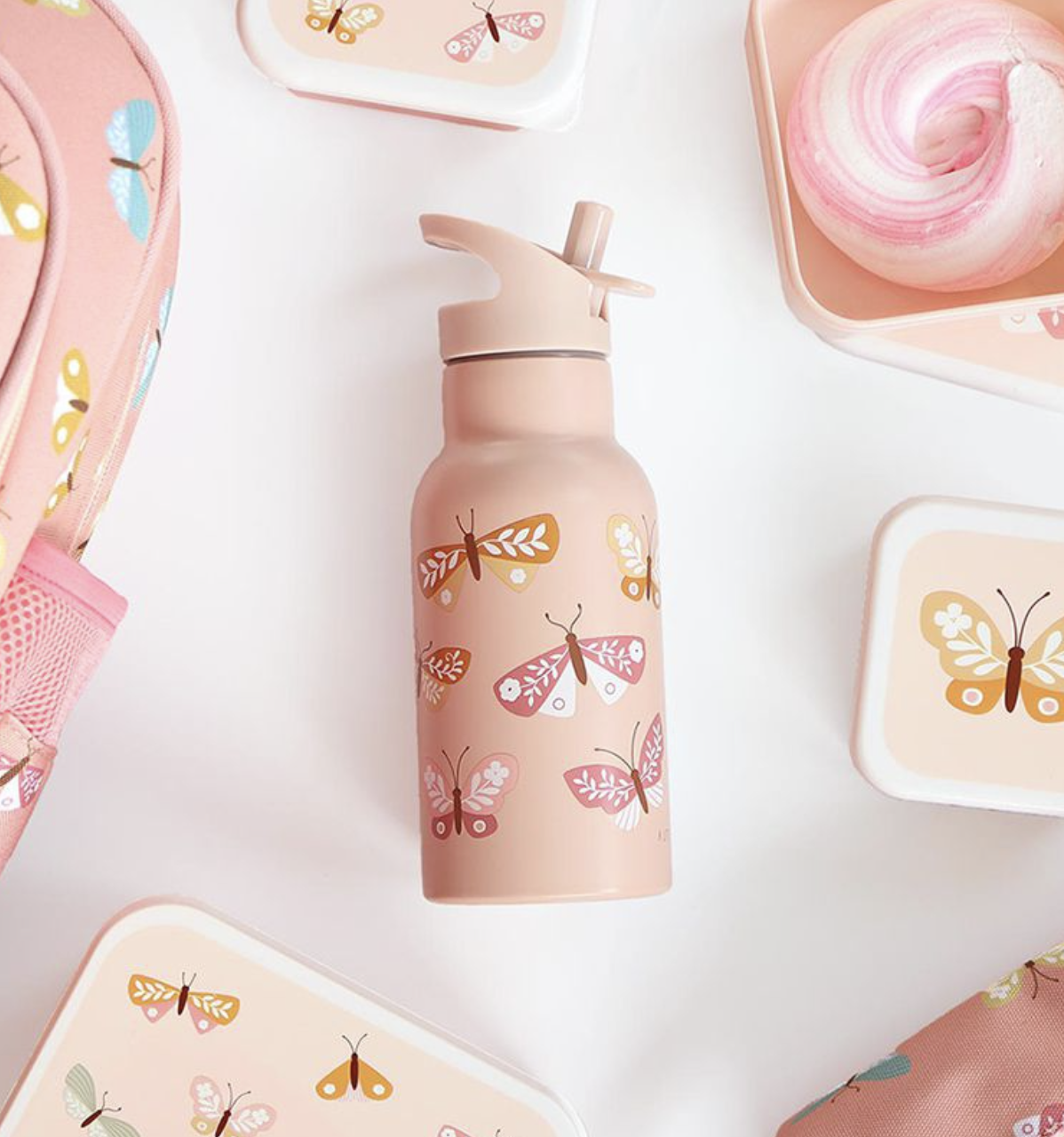 A Lovely Little Company Thermos Edelstahl Trinkflasche mit Strohhalm - Schmetterlinge A Lovely Little Company Thermos Edelstahl Trinkflasche mit Strohhalm - Schmetterlinge