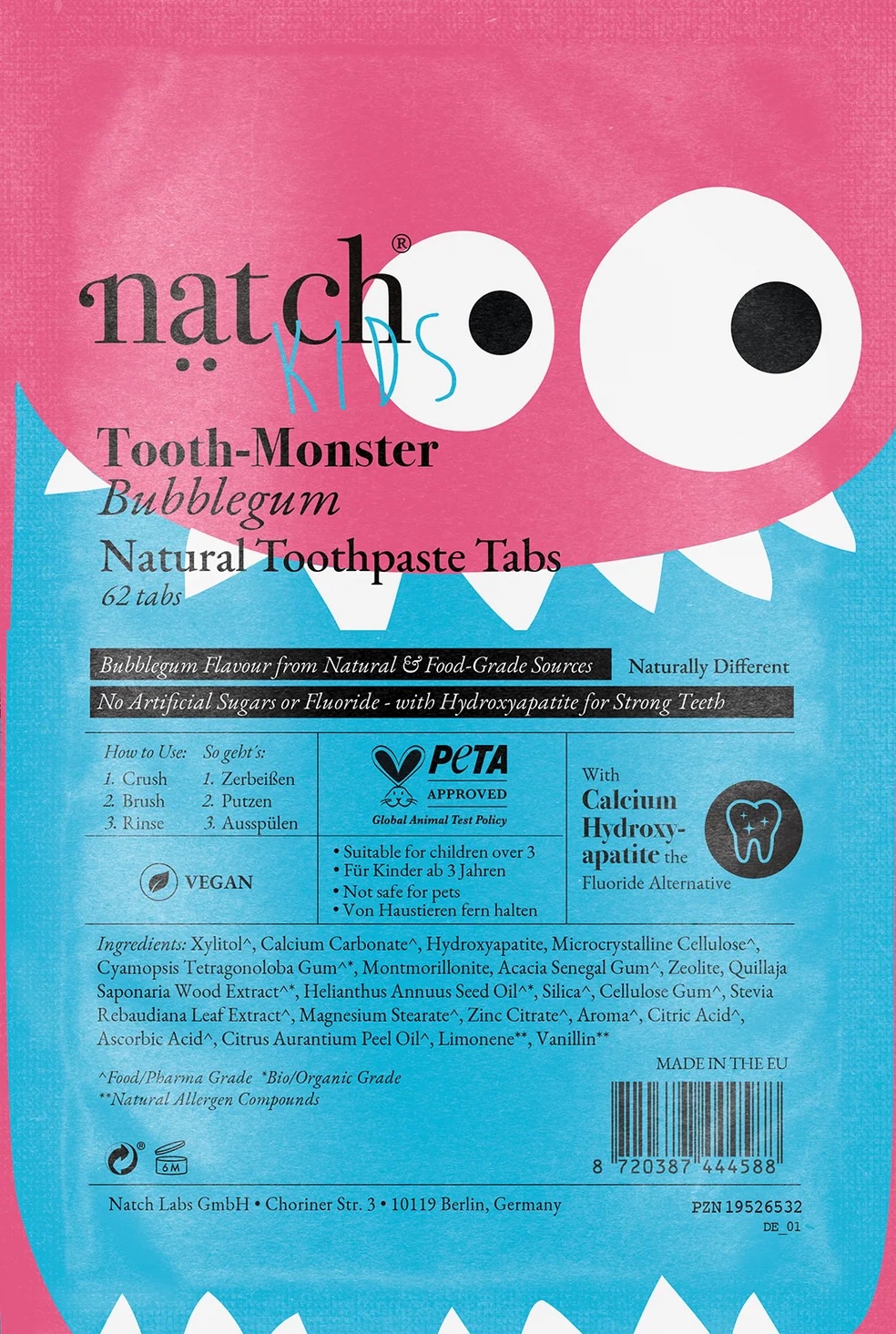 NATCH Zahnpasta-Tabletten für Kids - Tooth Monster - Bubblegum - Nachfüllpackung