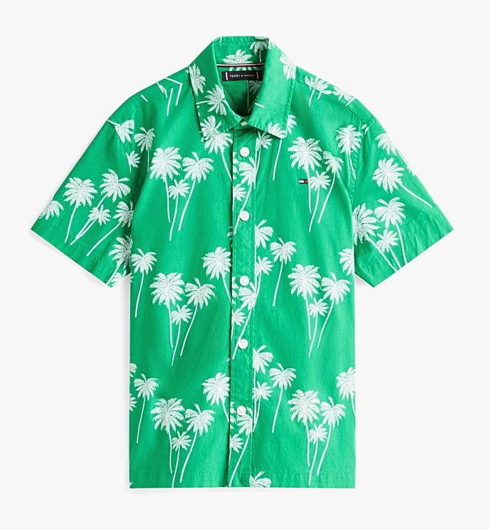 Tommy Hilfiger Kurzarm-Hemd aus Popeline in Radiant Grün mit Palmen Print - SALE Tommy Hilfiger Kurzarm-Hemd aus Popeline in Radiant Grün mit Palmen Print - SALE