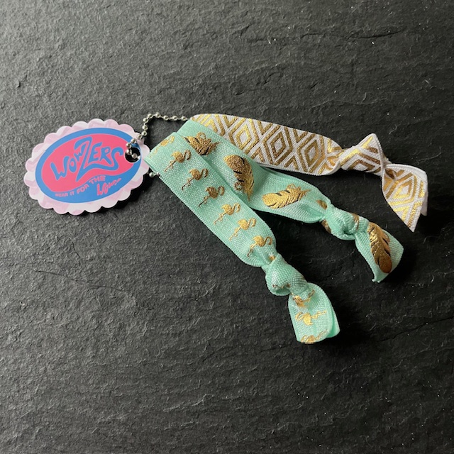 Wowzers Hair Ties Set von 3 Armbänder / Haargummis - Mint & Gold Flamingos & Federn