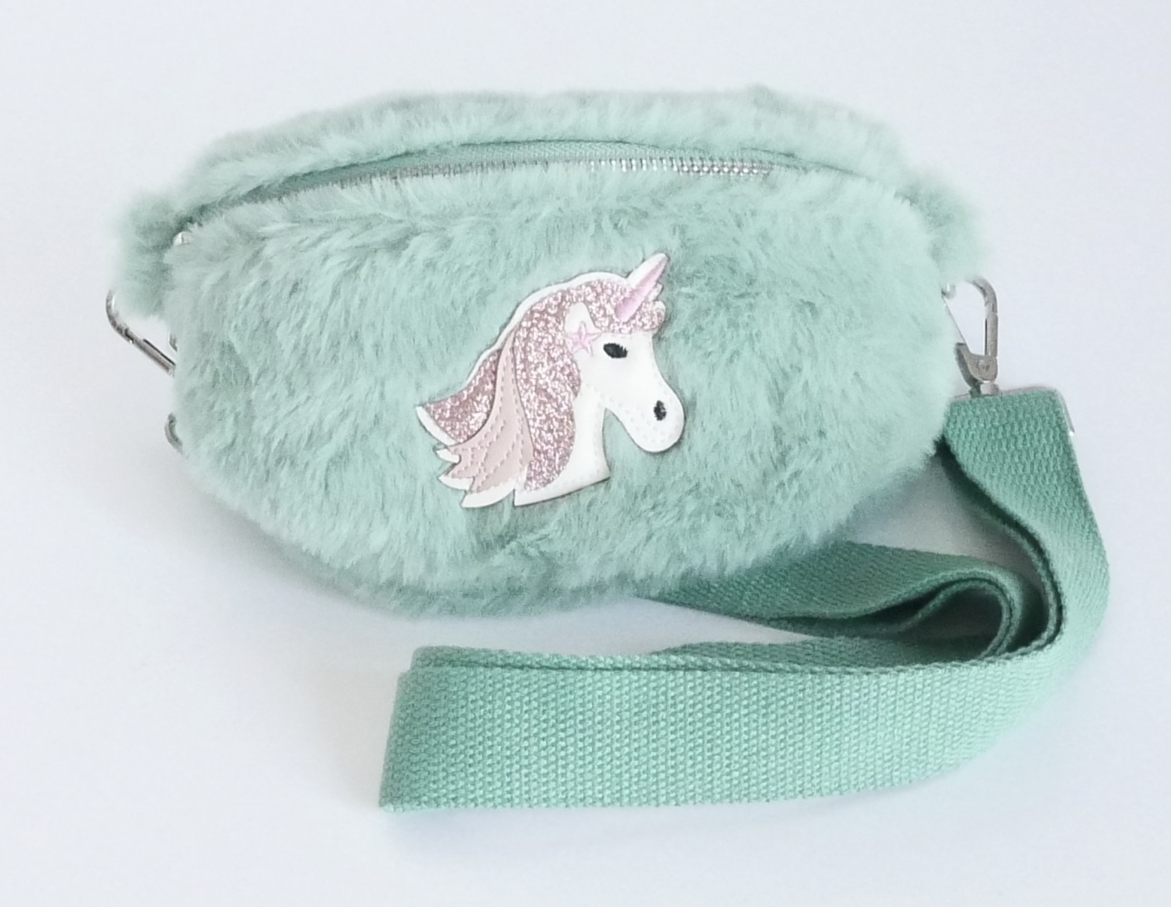 KisMe Crossbody Tasche Sidebag - Einhorn Plüsch mit Stoffband - Grün