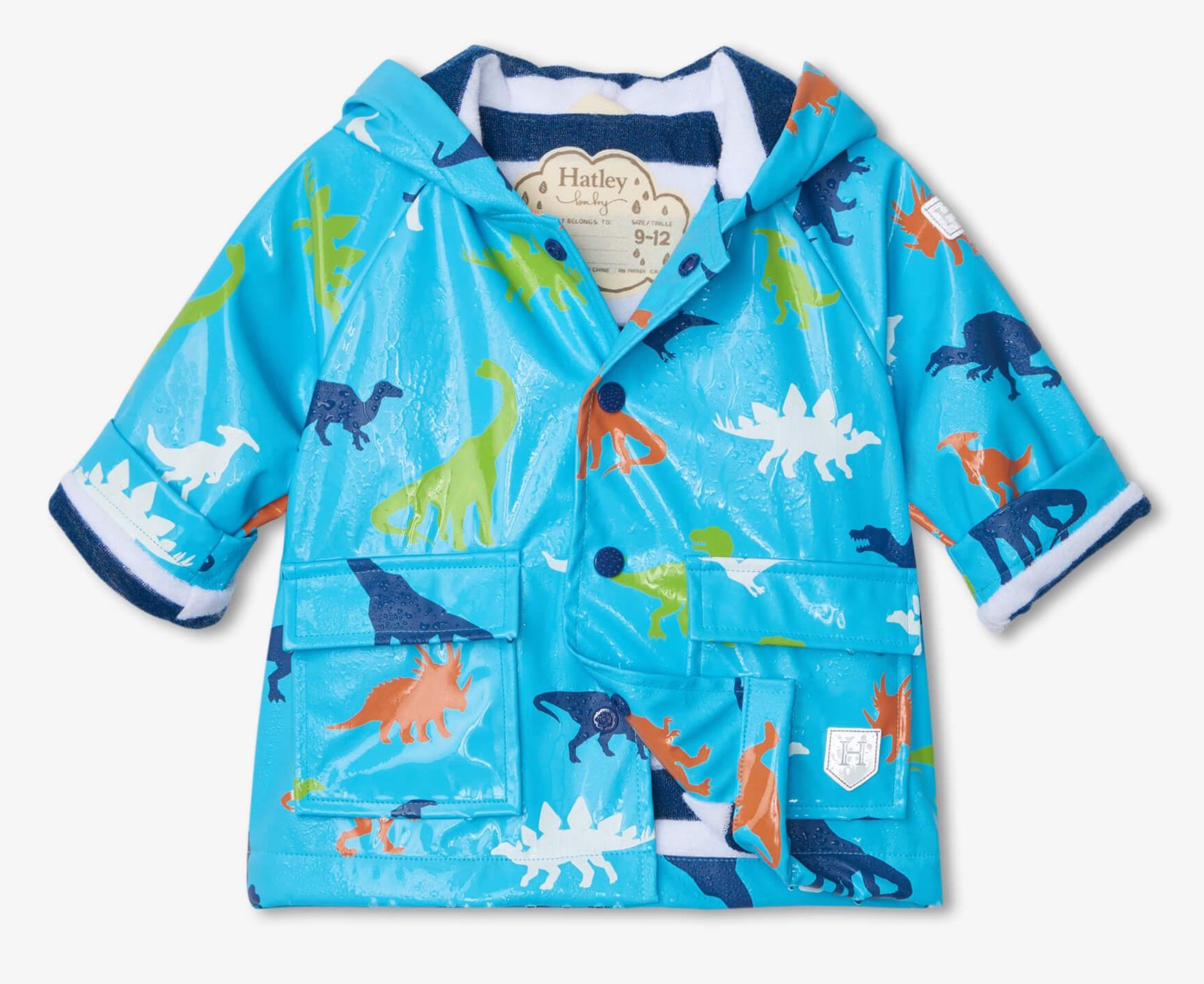 HATLEY-COLOR-CHANGE-REGENJACKE-DINOS Hatley Baby Regenjacke mit Frottee Futter - Farbwechsel - Dinosaurier in Blau
