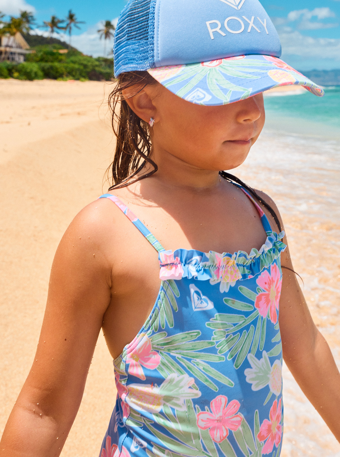Roxy Tropical Story Badeanzug für Mädchen in Blau mit Tropical Blumen Roxy Tropical Story Badeanzug für Mädchen in Blau mit Tropical Blumen