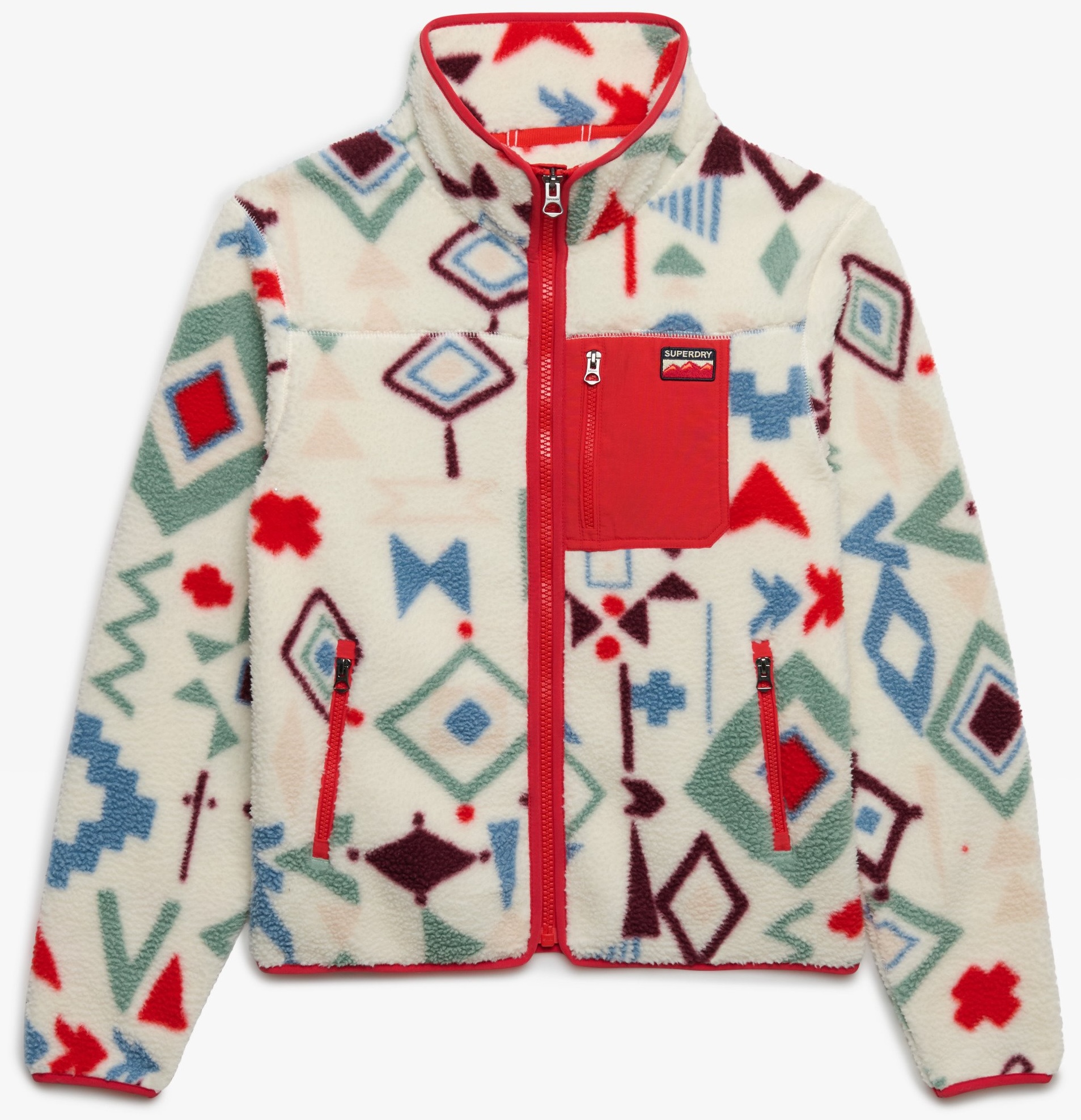 Superdry Damen Fleecejacke in weiß mit buntem Muster Superdry Damen Fleecejacke in weiß mit buntem Muster