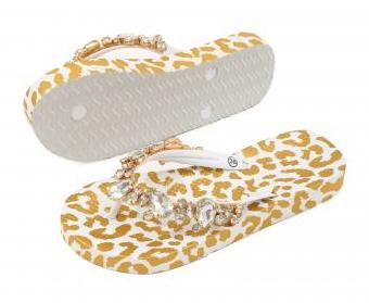 Moo' Ilo Damen Flip Flops Weiß Gold Leo mit Strasssteinen + Neoprene Clutch - SALE Moo' Ilo Damen Flip Flops Weiß Gold Leo mit Strasssteinen + Neoprene Clutch - SALE