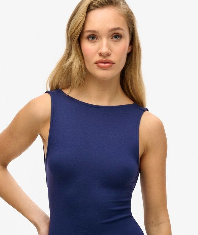 Superdry Damen Midikleid aus Jersey mit Zierdrehung am Rücken in Navy - SALE Superdry Damen Midikleid aus Jersey mit Zierdrehung am Rücken in Navy - SALE