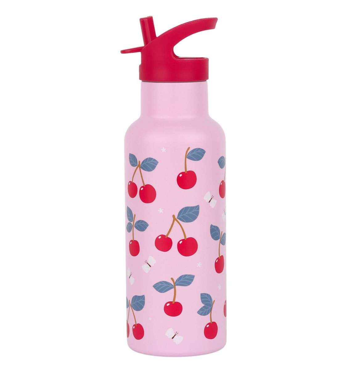 A Little Lovely Company Thermos Edelstahl Trinkflasche Groß mit Strohhalm - 500ml Kirschen