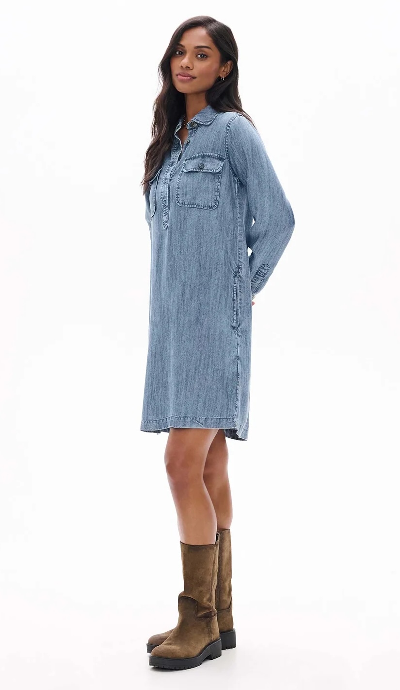 Hatley Damen Jeanskleid in Blue Acid Rinse – Midi Hemdblusenkleid mit Taschen
