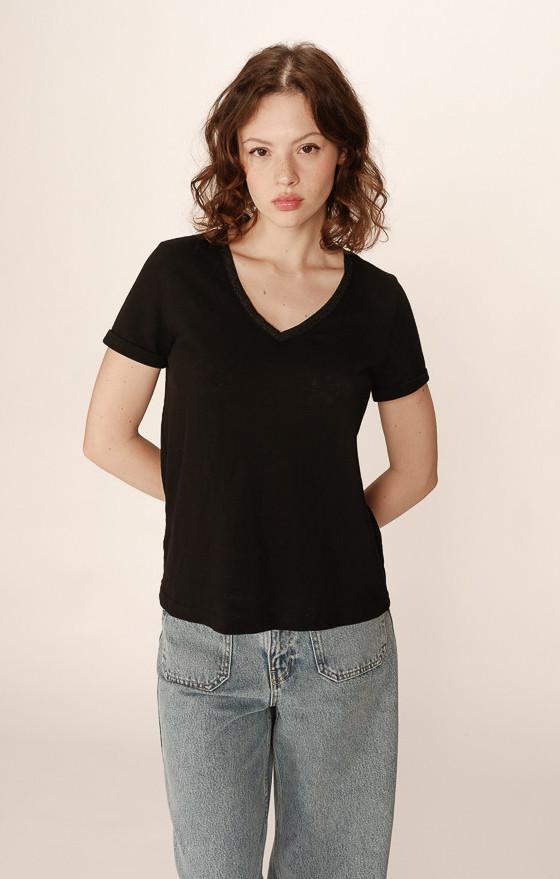 Grace & Mila Pepito V-Auschnitt Kurzarm T-Shirt Top in Schwarz Grace & Mila Pepito V-Auschnitt Kurzarm T-Shirt Top in Schwarz