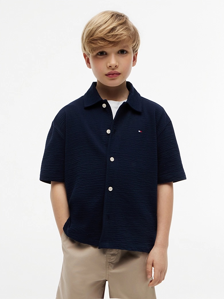 Tommy Hilfiger Essential Relaxed Fit Seersucker-Kurzarmhemd in Dark Night Navy Blau 
