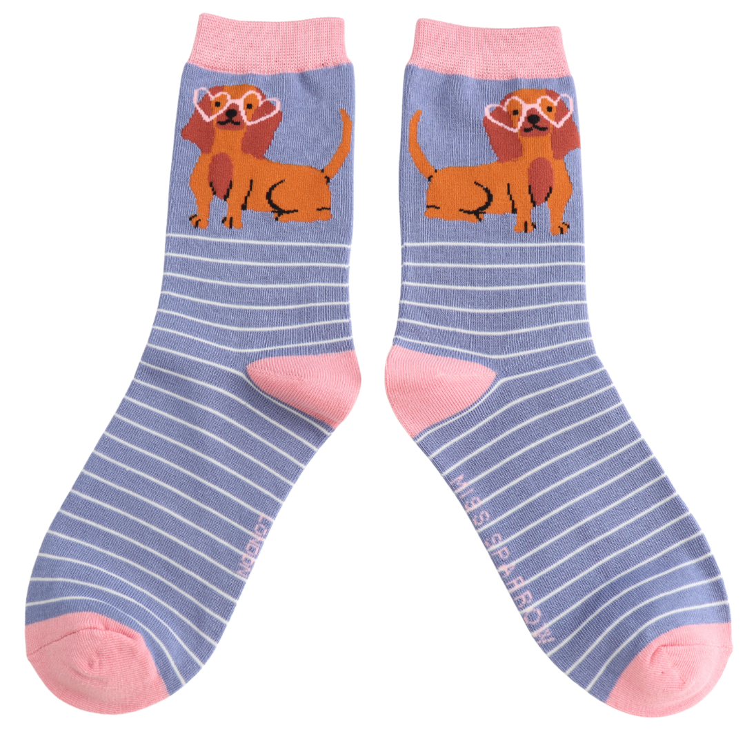 Miss Sparrow Bambus Socken in Denim Blau & Rosa - Dackel mit Sonnenbrille