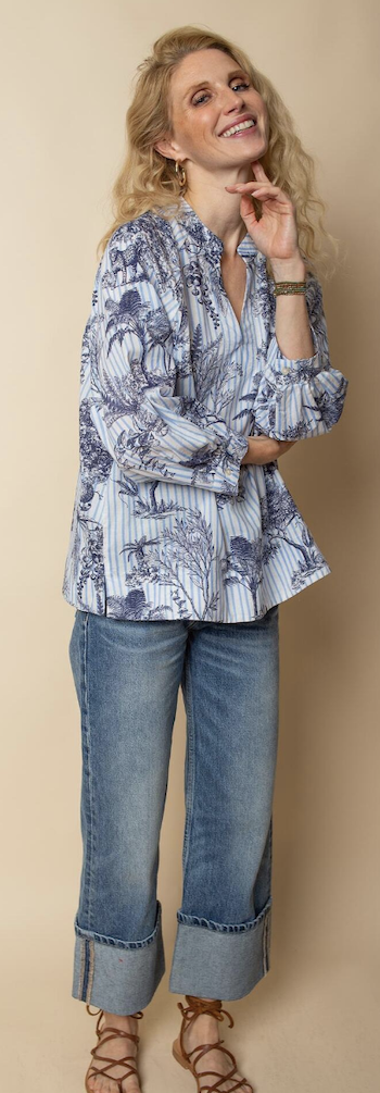 Emily van den Bergh Tunika Bluse mit V-Ausschnitt - Gestreift mit Navy Jungle Print