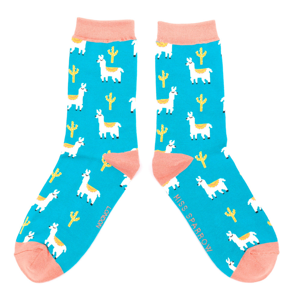 Miss Sparrow Bambus Socken in Türkis - Lamas