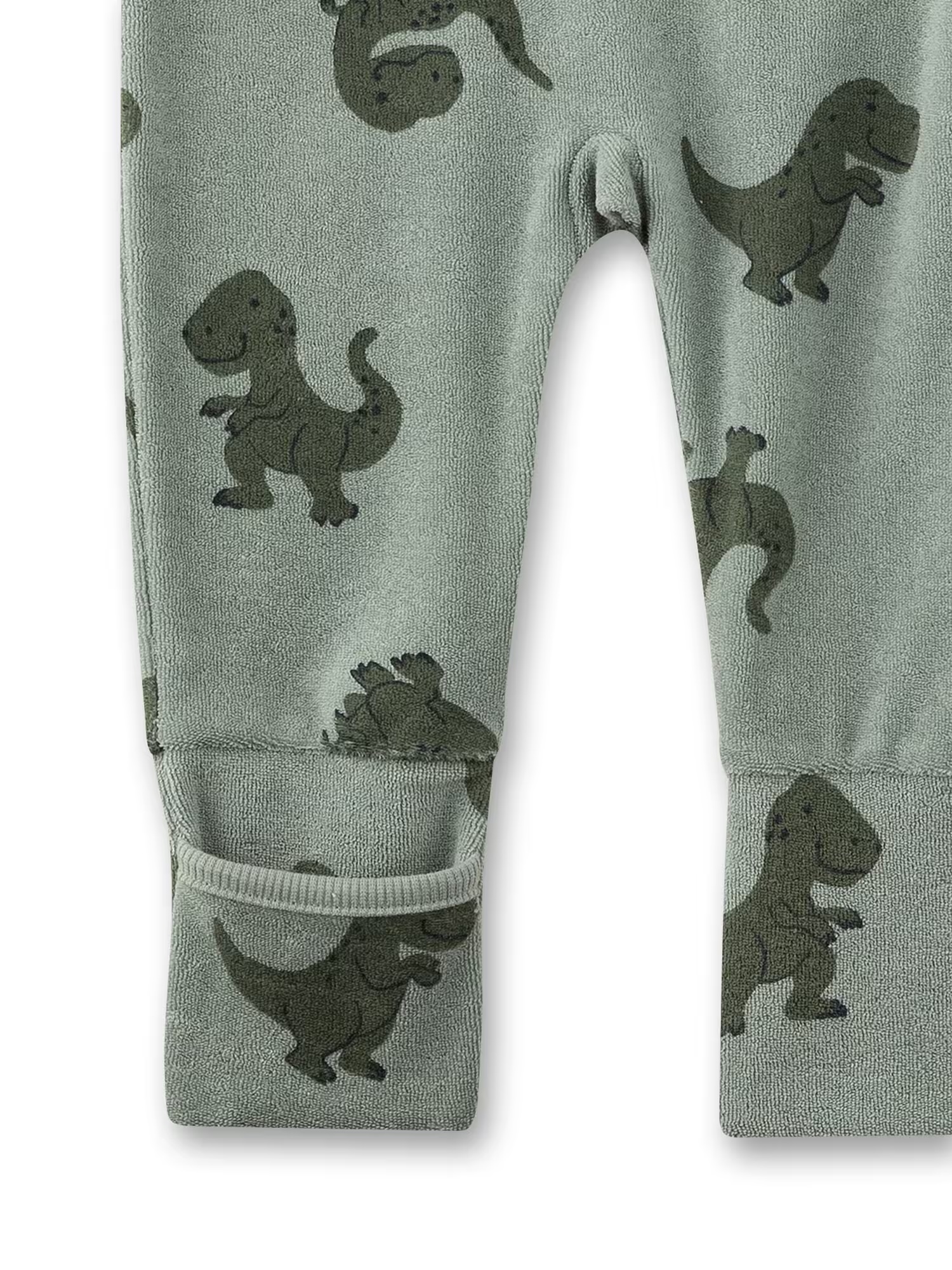 Sanetta Baby Frottee-Schlafoverall mit Dino-Allover in Khaki – Strampler mit Klappfüßchen