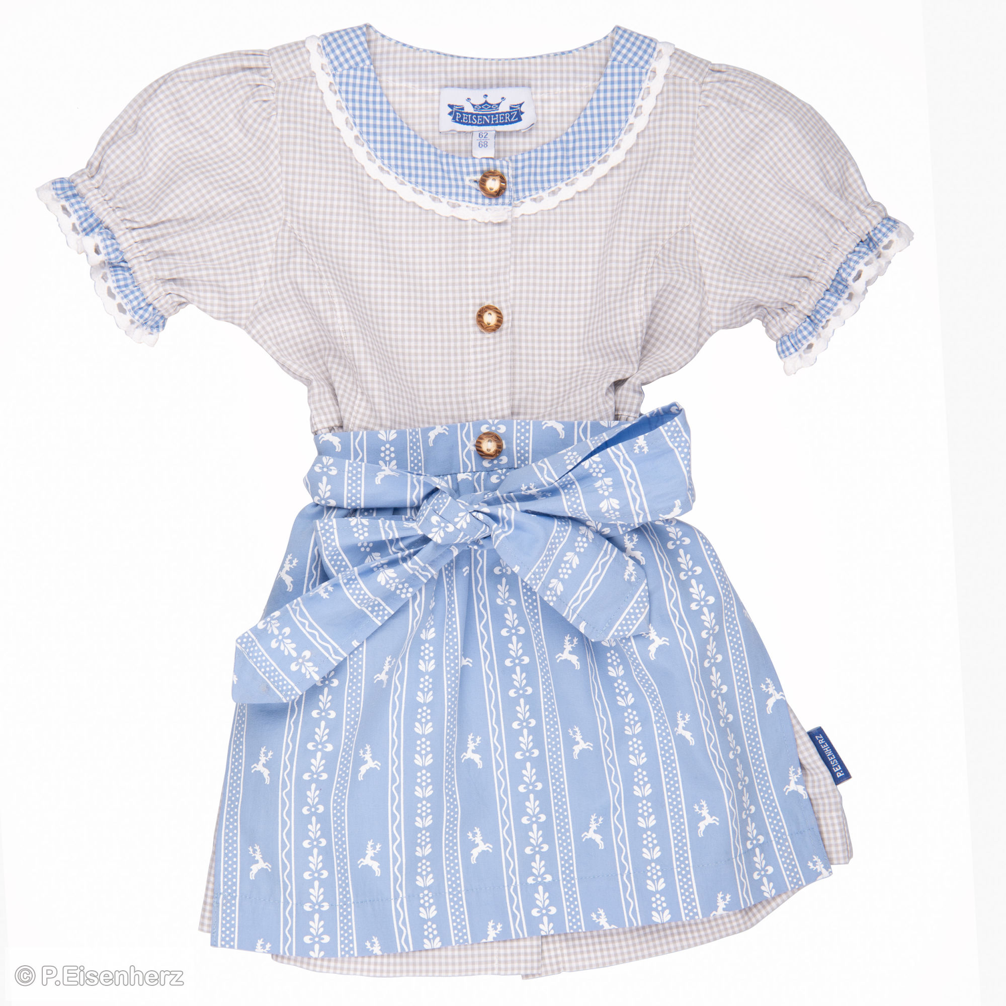 P.Eisenherz Dirndlkleid graues Vichy Karo & Hellblau Schürze mit Hirsche