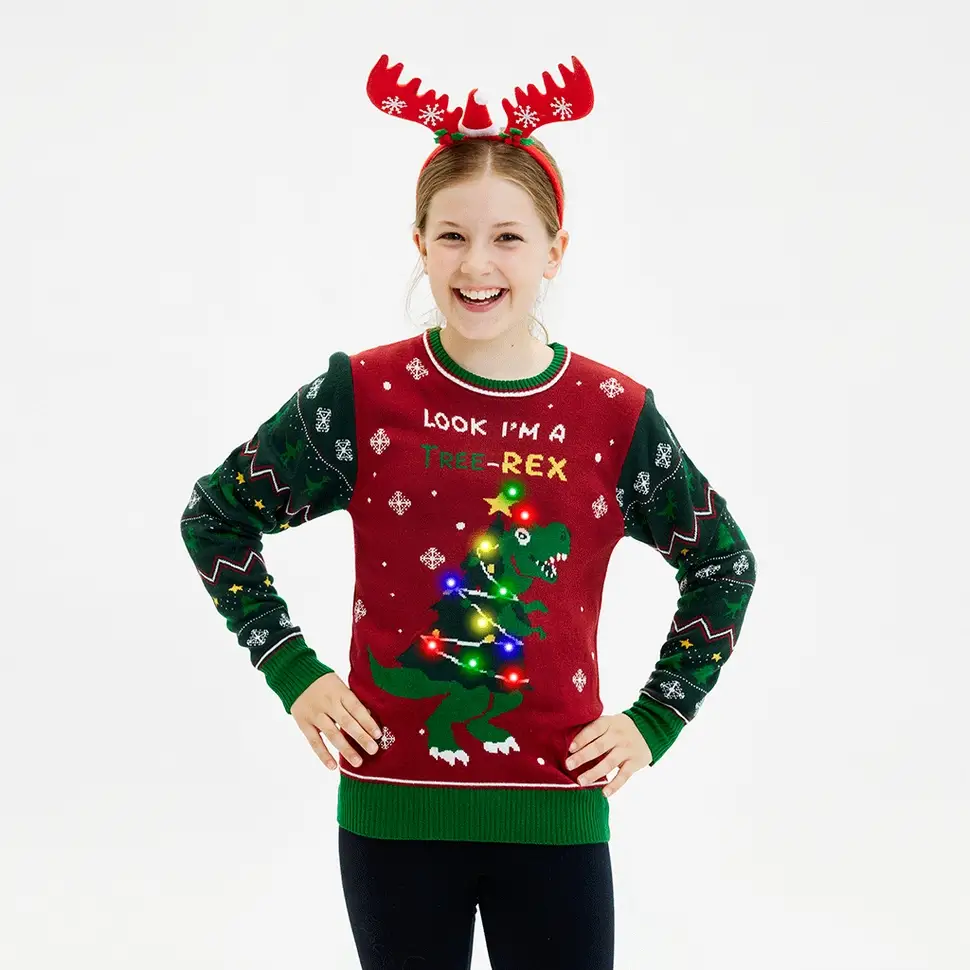 Christmas Sweater mit Beleuctung - Tree-Rex Dino Strickpullover zu Weihnachten