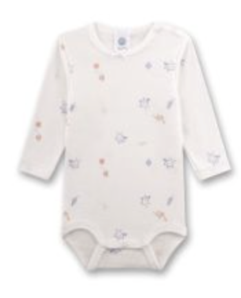 Sanetta Body Langarm in Creme Weiß mit Zarten Blumen & Vogel Allover 