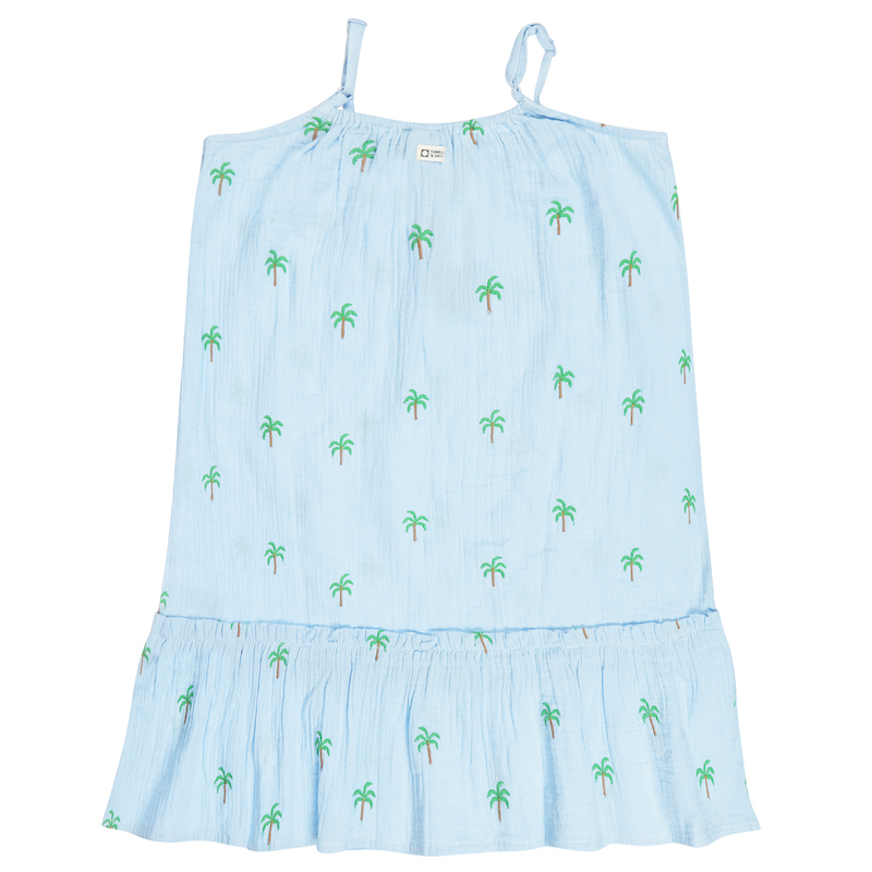 Tumble N Dry Azurro Musselin Sommer Kleid in Hellblau mit Spaghetti Träger und Palmen Stickerei Tumble N Dry Azurro Musselin Sommer Kleid in Hellblau mit Spaghetti Träger und Palmen Stickerei