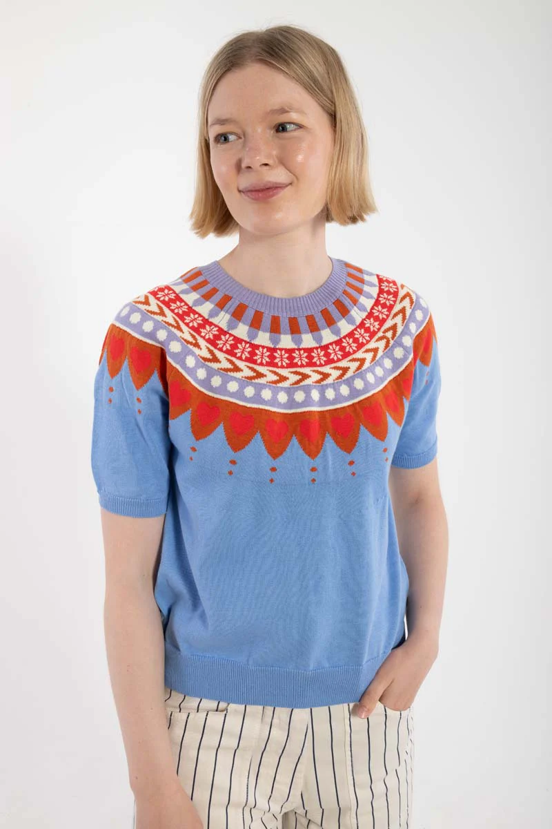 Danefae Danehope Kurzarm Baumwolle Strickpulli - Wasserblau Norweger - SALE
