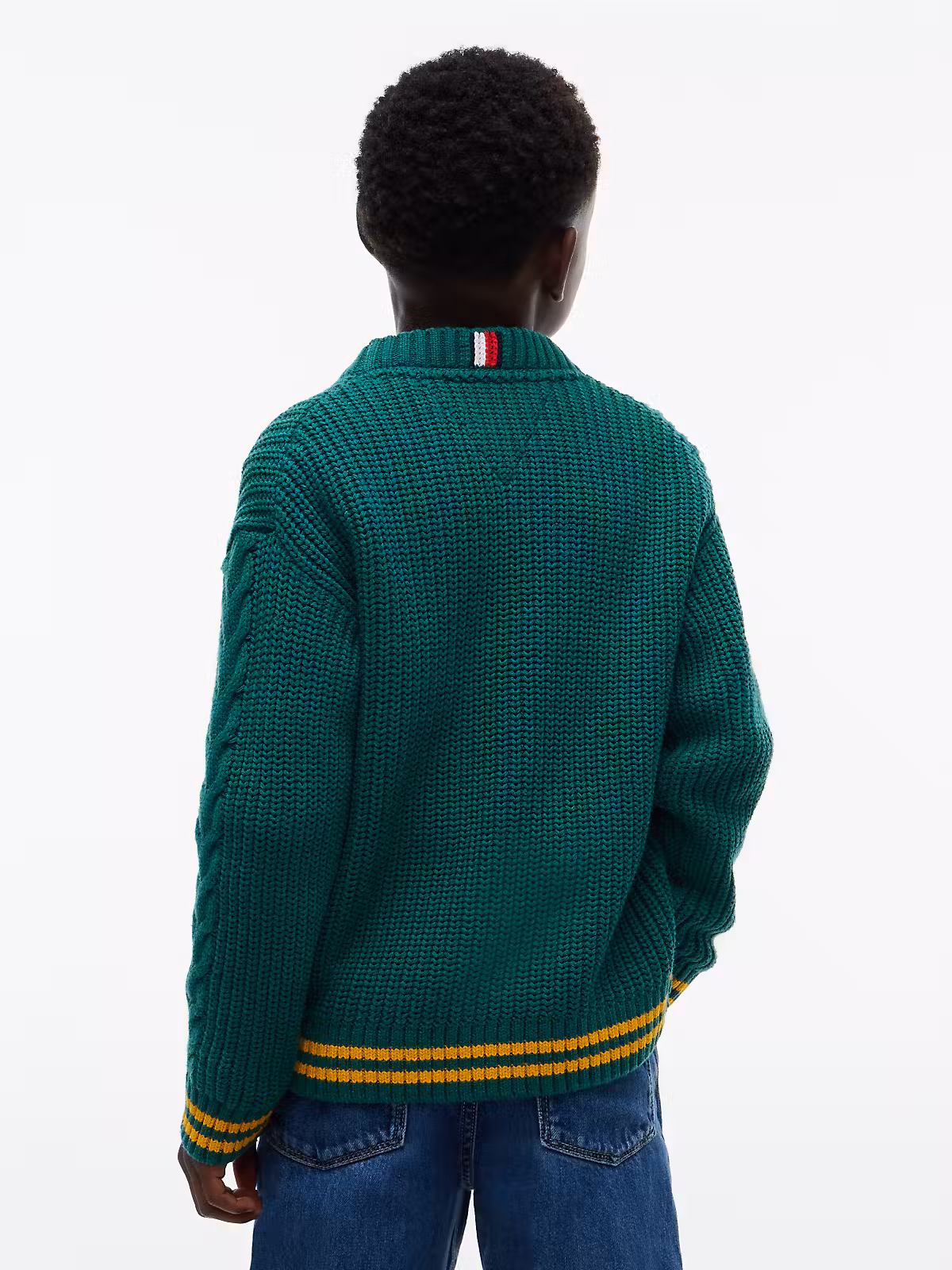 Tommy Hilfiger Placed Chunky Strick Pullover in Grün mit Gelben Ringel am Arm und Bund
