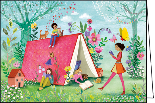 Edition Gollong Grußkarte Büchergarten mit Blumen & Katzen, Hund & Schmetterlinge