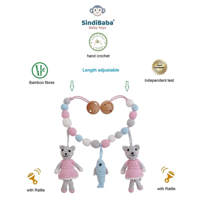 Sindibaba Bambus Häkeltier Kinderwagenkette - Kitty Katze