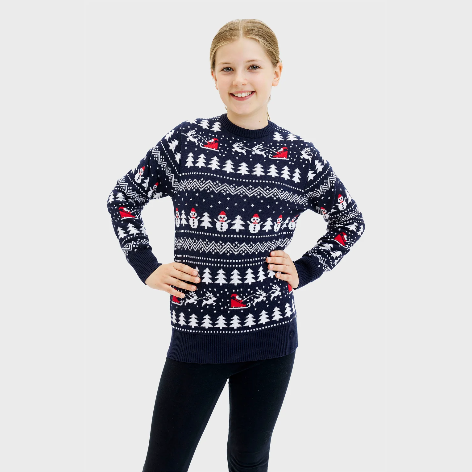 Christmas Sweater Unisex Stillvoller Weihnachtspullover in Marineblau - Schneemänner & Weihnachtsbäume