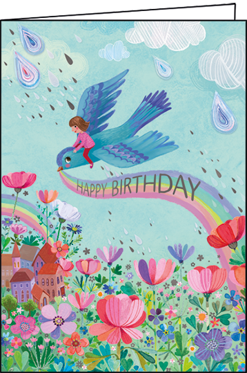 1-7908 Edition Gollong Grußkarte - Happy Birthday - Mädchen auf Vogel