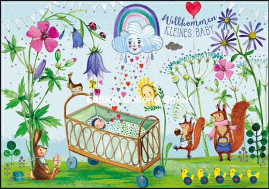 1-6239-1 Edition Gollong Karte zur Geburt Wald Baby mit Wolke - Willkommen Kleines Baby