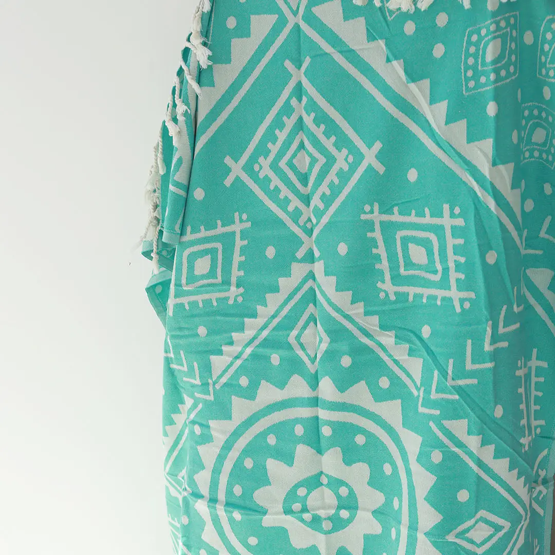 Love Ibiza Hamam Tuch Baumwolle 85 cm x 170 cm - Aztec Muster in Türkis Blau