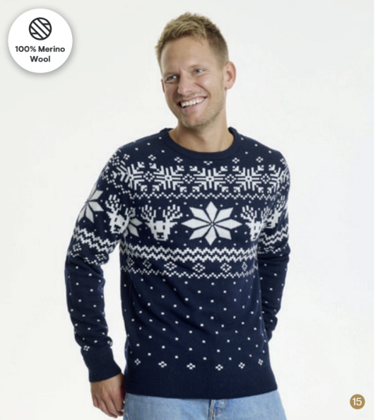 Weihnachtspullover Damen & Herren Wollpulli Aprés Ski in Navy mit Rentier & Schneeflocken - 100 % Merinowolle