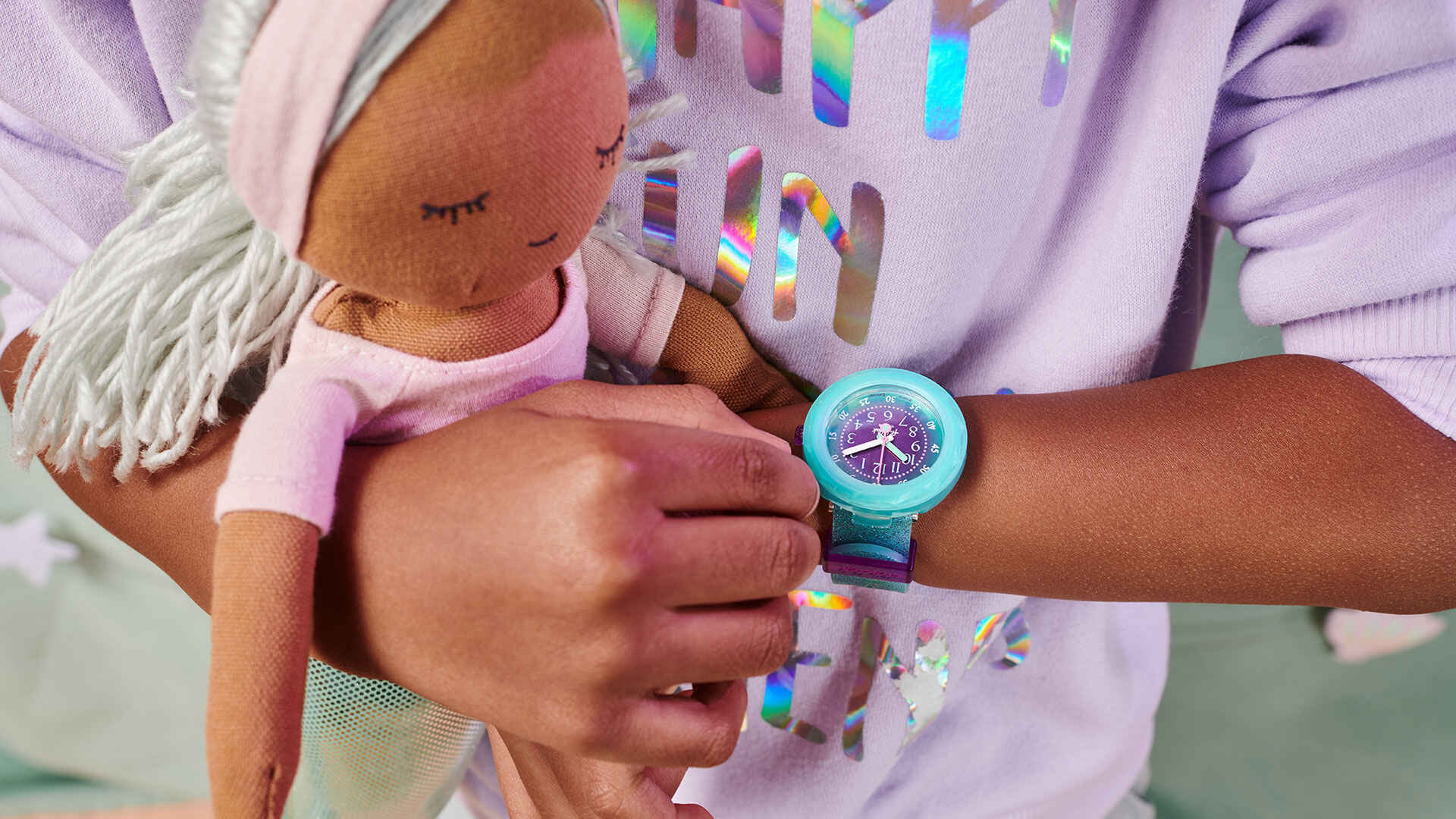 63512595-C97B-4D3F-A3C9-61668772AD39 Flik Flak Uhr Kinderuhr - Oceanaxus - türkis/ lila Glitzer