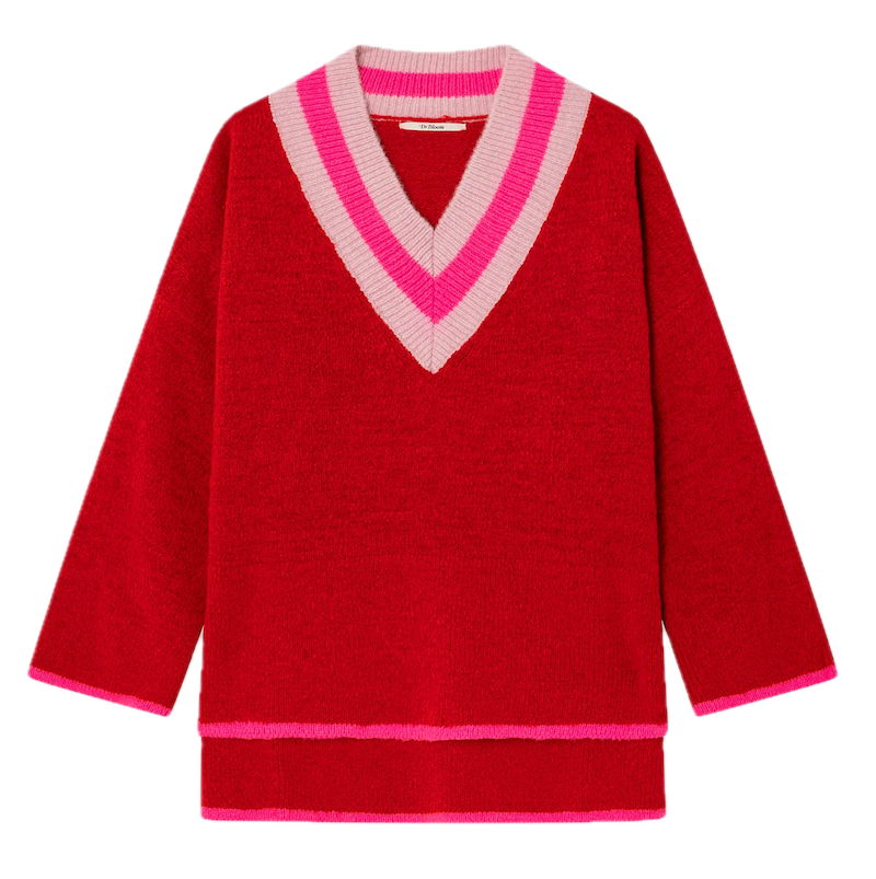 Dr Bloom Hug Pullover in Rot - Oversized Strickpulli mit V-Ausschnitt