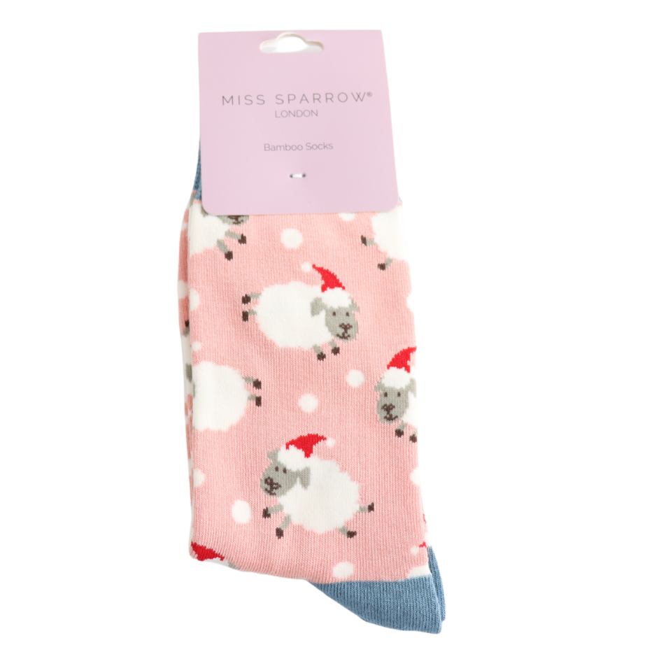 Miss Sparrow Socken Bamboo in Dusty Pink - Santa Sheep - Rosa Schafe am Weihnachten 